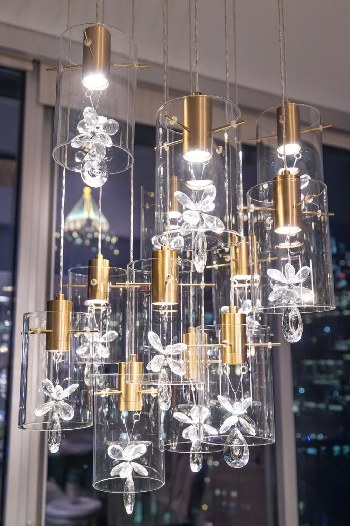 Chandelier of glass cylinders and brass