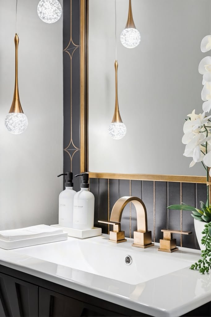 Powder room with teardrop pendants and fluted tile