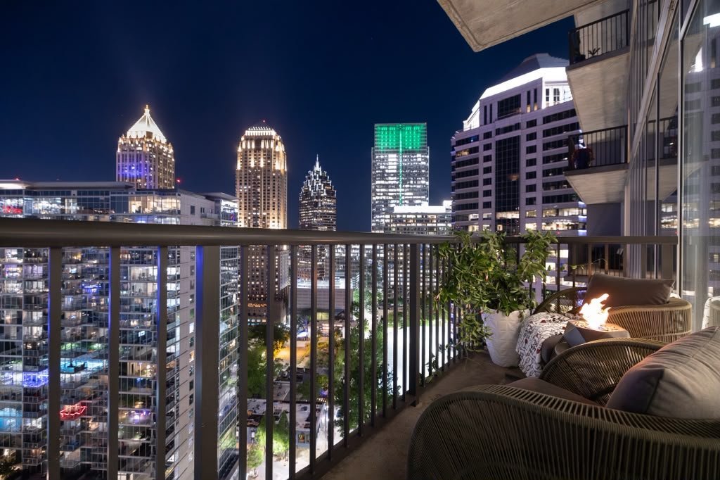 Night terrace with a fire bowl above Midtown Atlanta