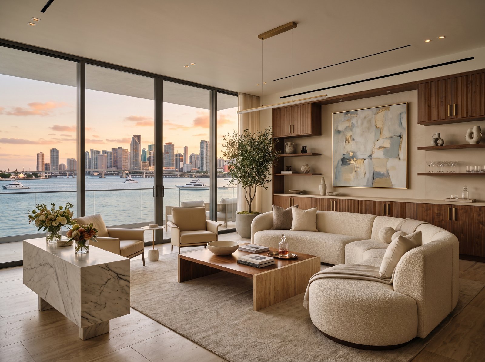 Waterfront living room with curved cream sofas and a skyline view at sunset